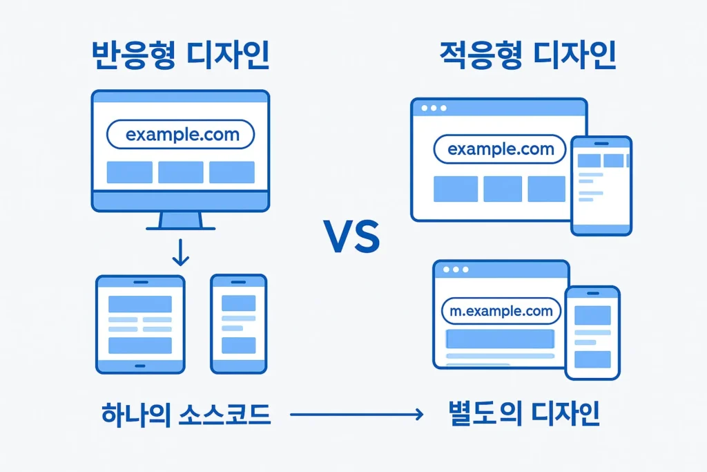반응형 디자인과 적응형 디자인의 차이를 시각적으로 전달하는 일러스트