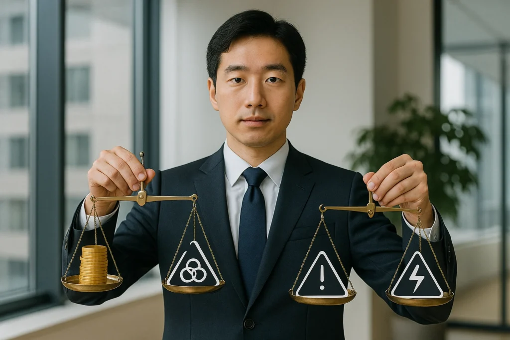 저울을 들고 있는 회사원의 모습