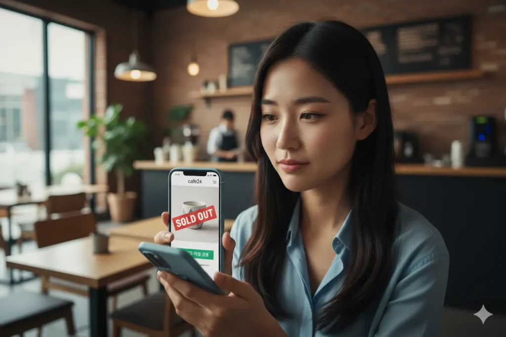 품절된 상품을 보여주는 여자