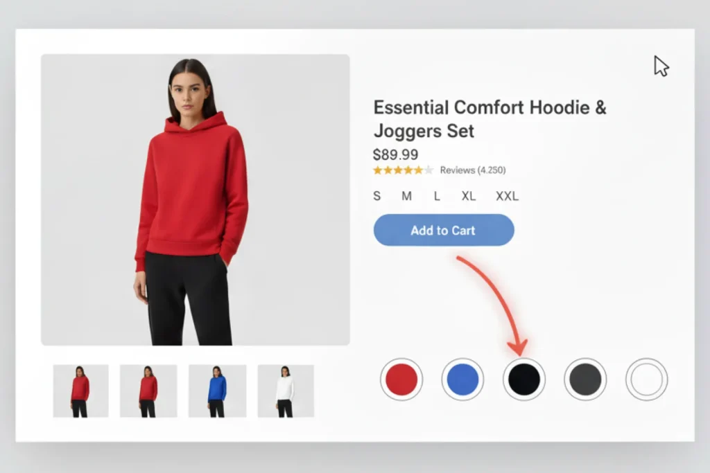 웹사이트의 컬러칩과 상품 이미지가 보이는 이미지