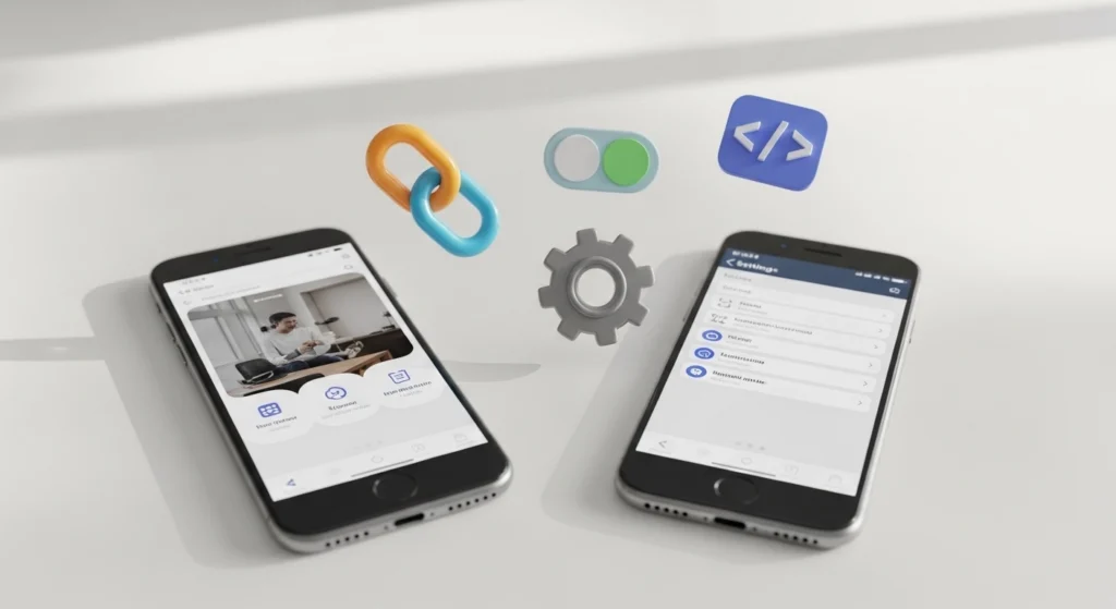 웹페이지와 앱의 설정 메뉴가 연결되는 이미지