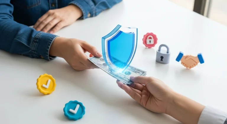 에스크로 서비스의 상호 거래에 방어막 표시를 한 이미지