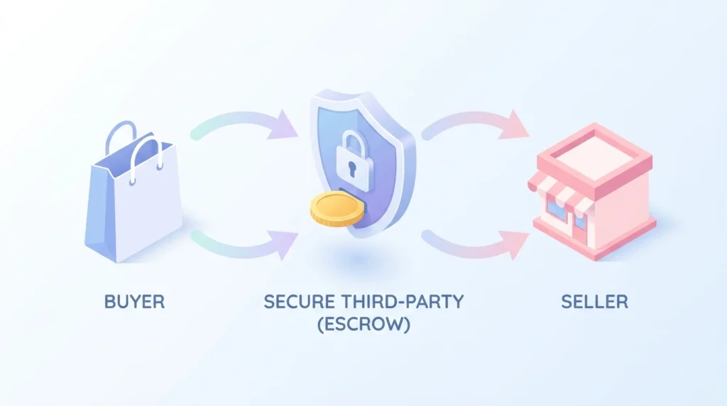 구매안전서비스(에스크로) 구매자-제3자-판매자 거래 흐름 일러스트