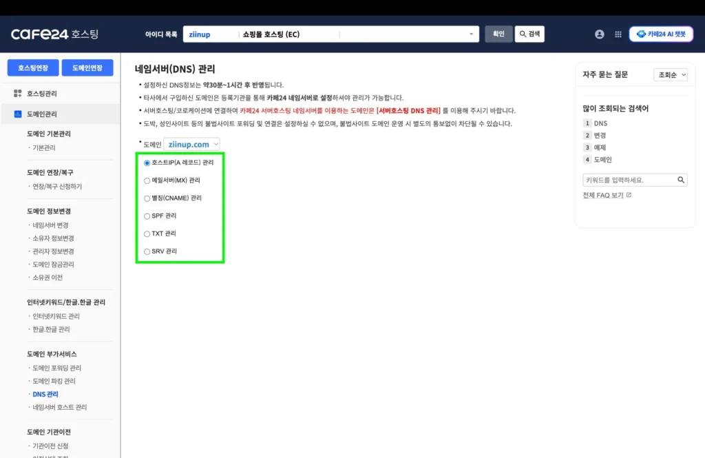 카페24 호스팅센터 네임서버 DNS 관리 화면, A/MX/CNAME/TXT 레코드 선택 옵션