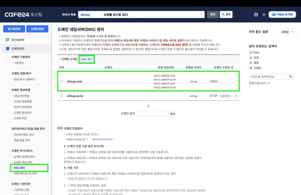 카페24 호스팅센터 도메인 네임서버 관리 화면, 연결된 도메인 목록과 DNS 관리 버튼
