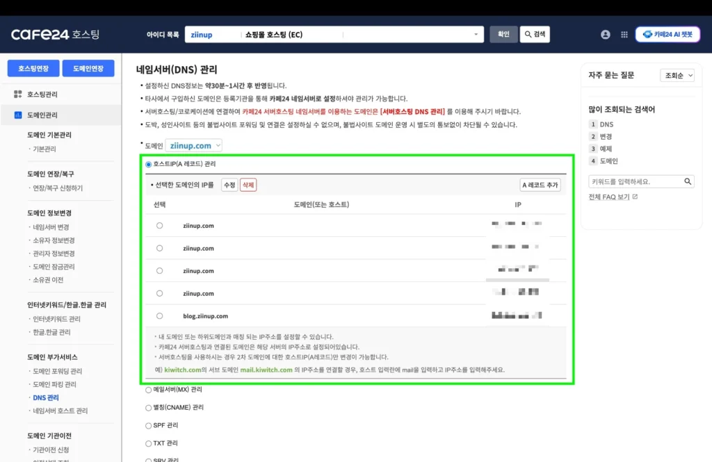 카페24 호스팅센터 호스트IP(A 레코드) 관리 화면, 도메인별 IP 주소 목록과 서브도메인 설정 예시