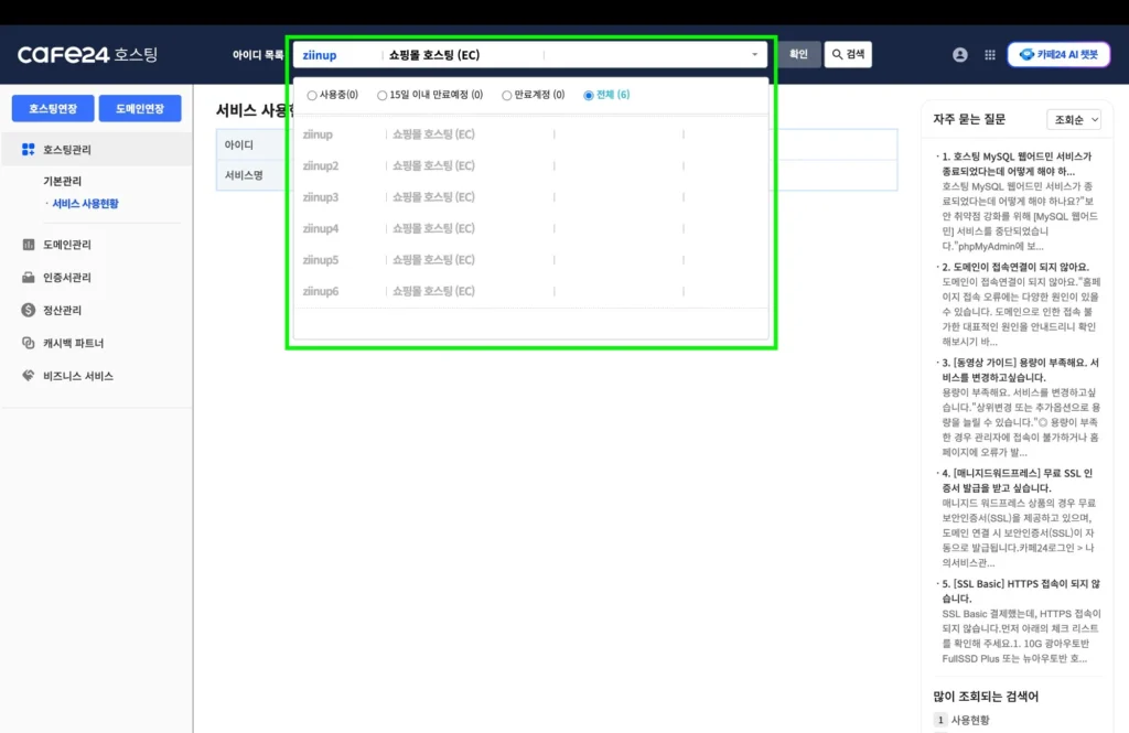 카페24 호스팅센터 서비스 사용현황 화면, 쇼핑몰 호스팅 계정 목록