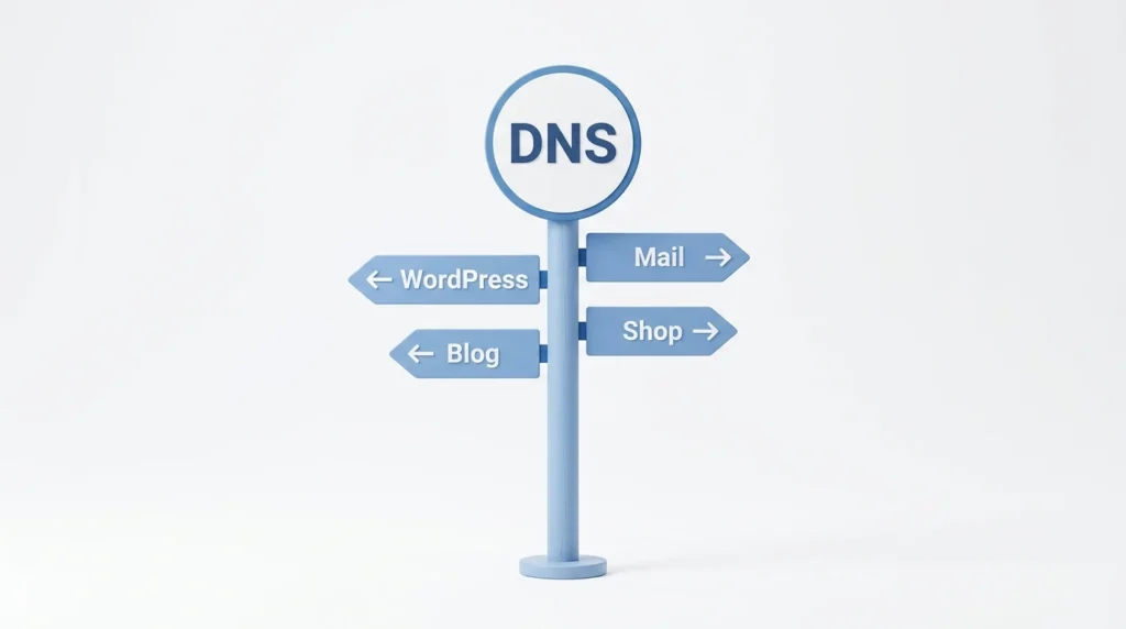 DNS 표지판에 WordPress, Blog, Mail, Shop 방향 표지판이 달린 3D 일러스트