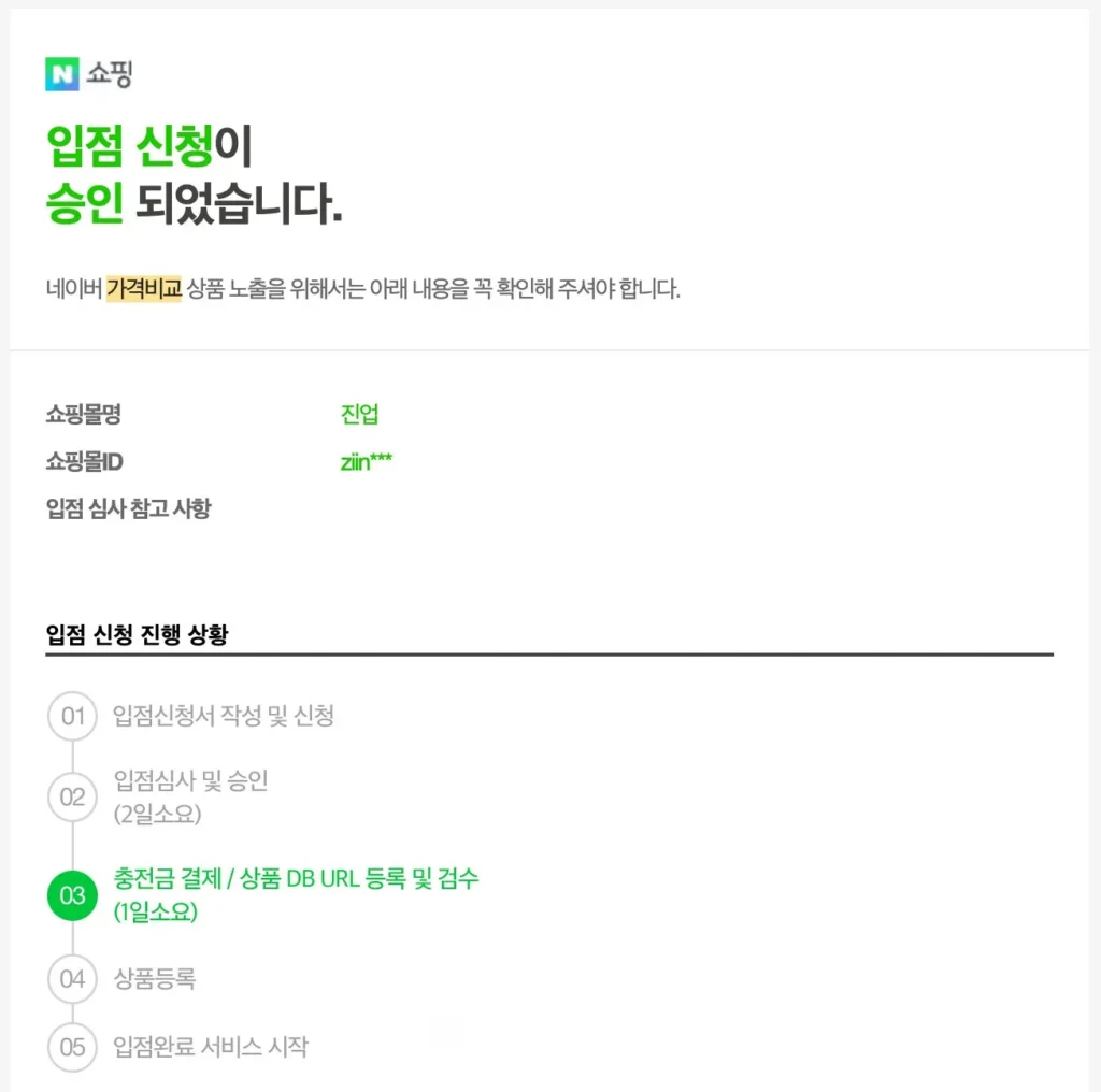 네이버 쇼핑 입점 신청이 정상적으로 접수 완료된 화면 - 입점 신청 진행 상황 타임라인