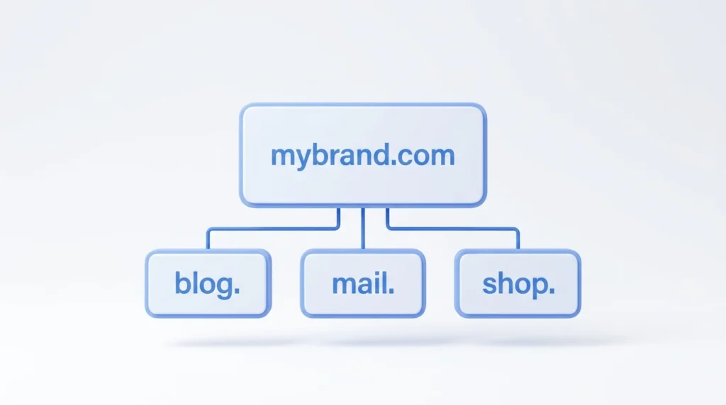 mybrand.com 도메인에서 blog, mail, shop 서브도메인으로 분기되는 구조 3D 일러스트